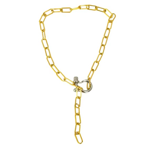 Gold Paper Clip Silver Carabiner Chain Link Dangle Necklace Brand New - Picture 2 of 3